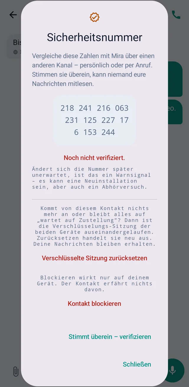 Screenshot aus TalX: Sicherheitsnummer