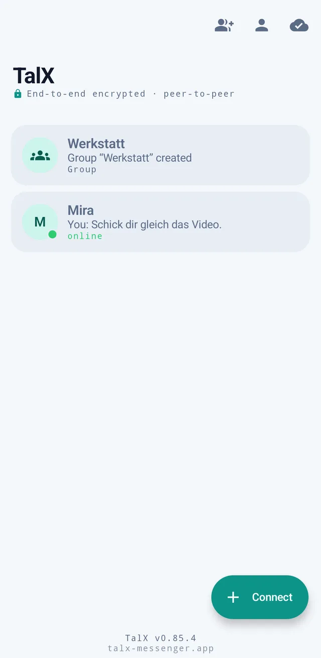 Screenshot from TalX: The chat list