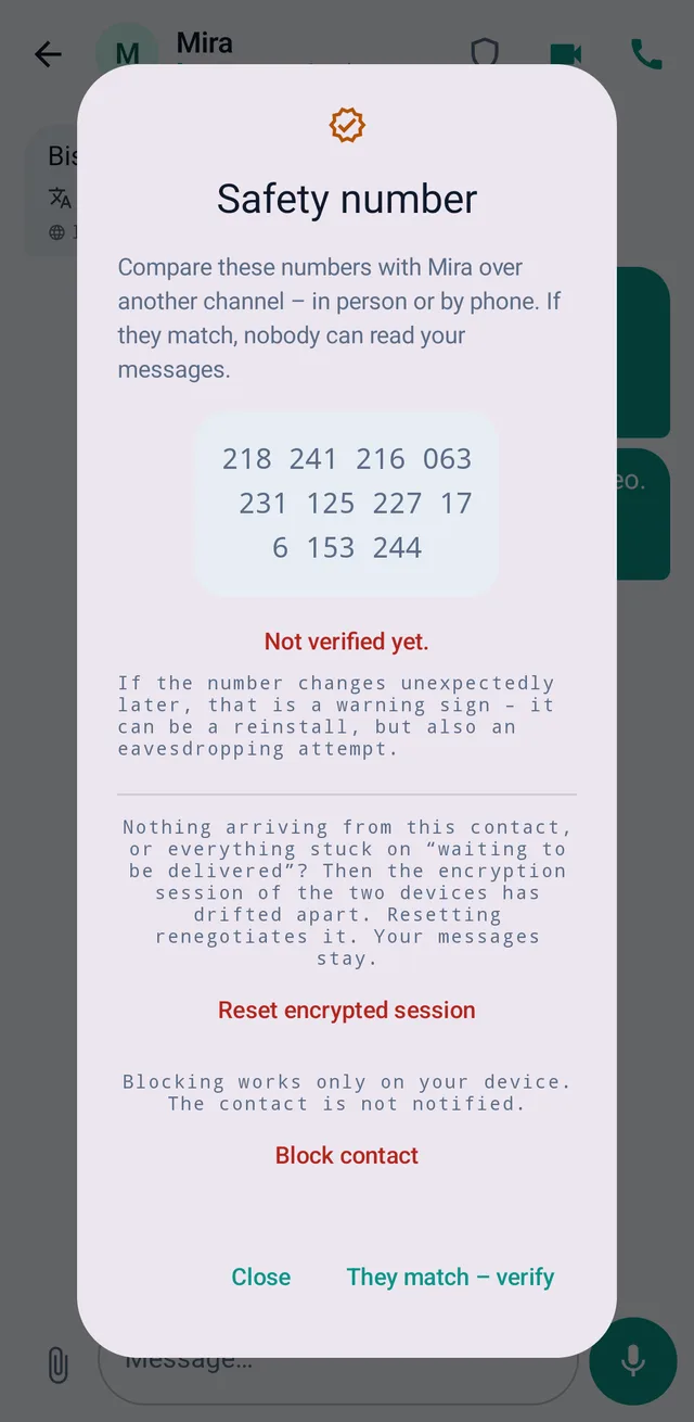 Screenshot from TalX: Safety number